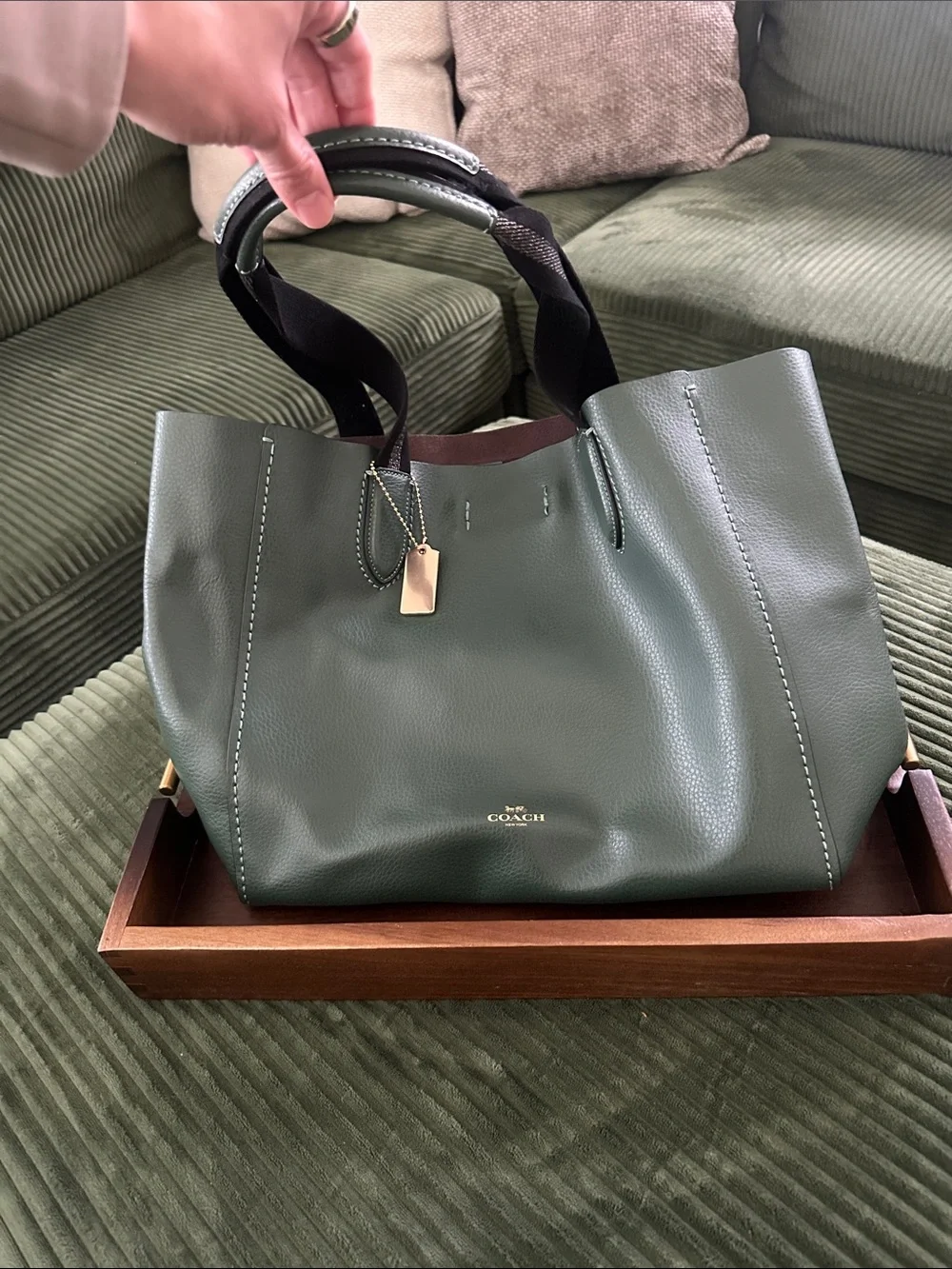 Coach Green Leather Tote with Dark Ribbon Handles